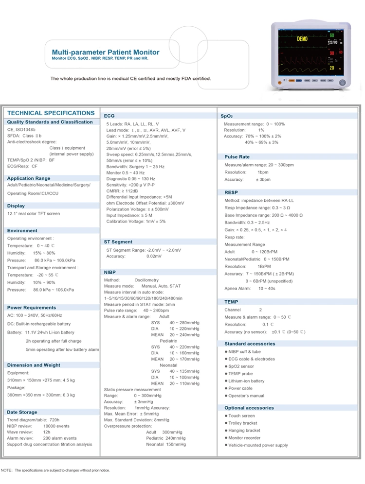 High Quality Vital Sign Monitoring Multiparameter Patient Cardiac Monitor